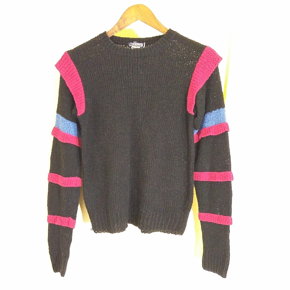 90s Acrylic Sweater - Black with Red & Blue - Sz Small